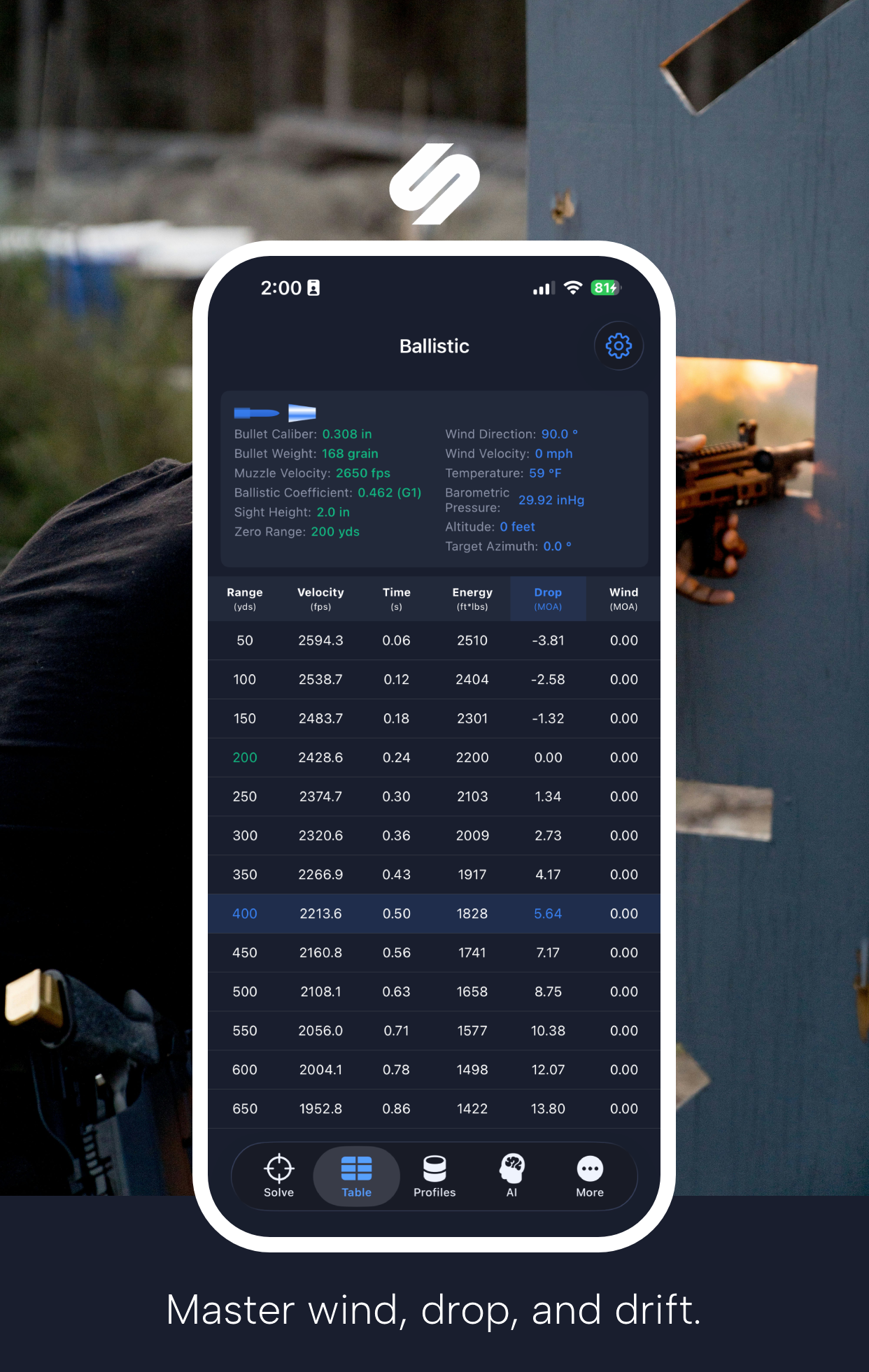 Strelok Pro ballistic table with range and drop